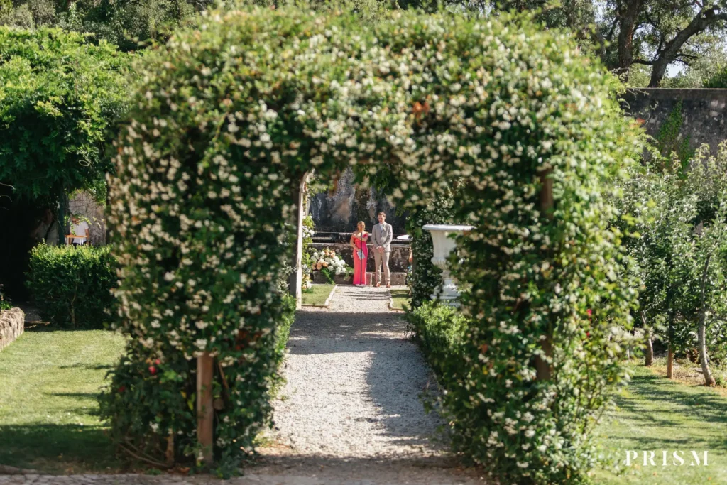 Garden ceremony setup at a historic venue for a destination wedding in Portugal
