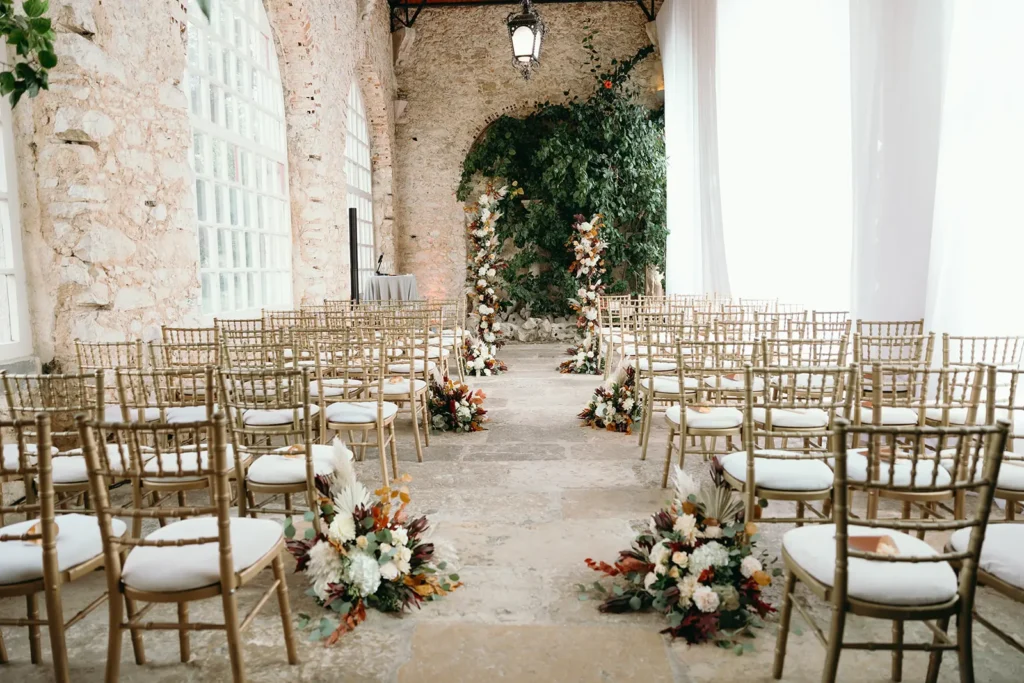 Ceremony setting for an intimate destination wedding at a historic venue in Portugal