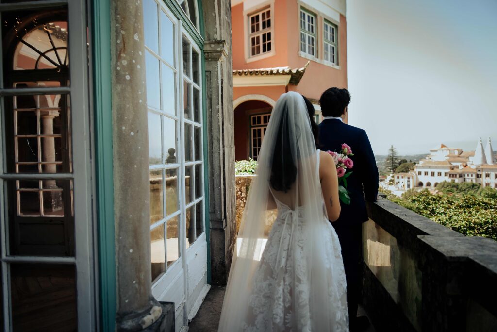 Couple at a historic wedding venue during a destination wedding in Portugal