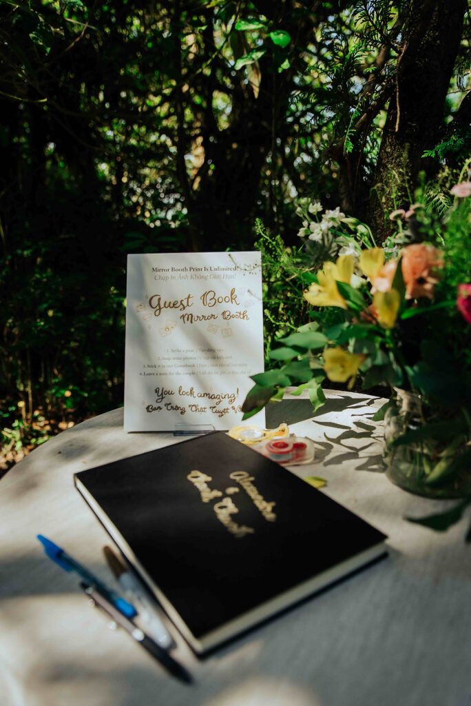 Guest book and wedding details at a destination wedding celebration in Portugal