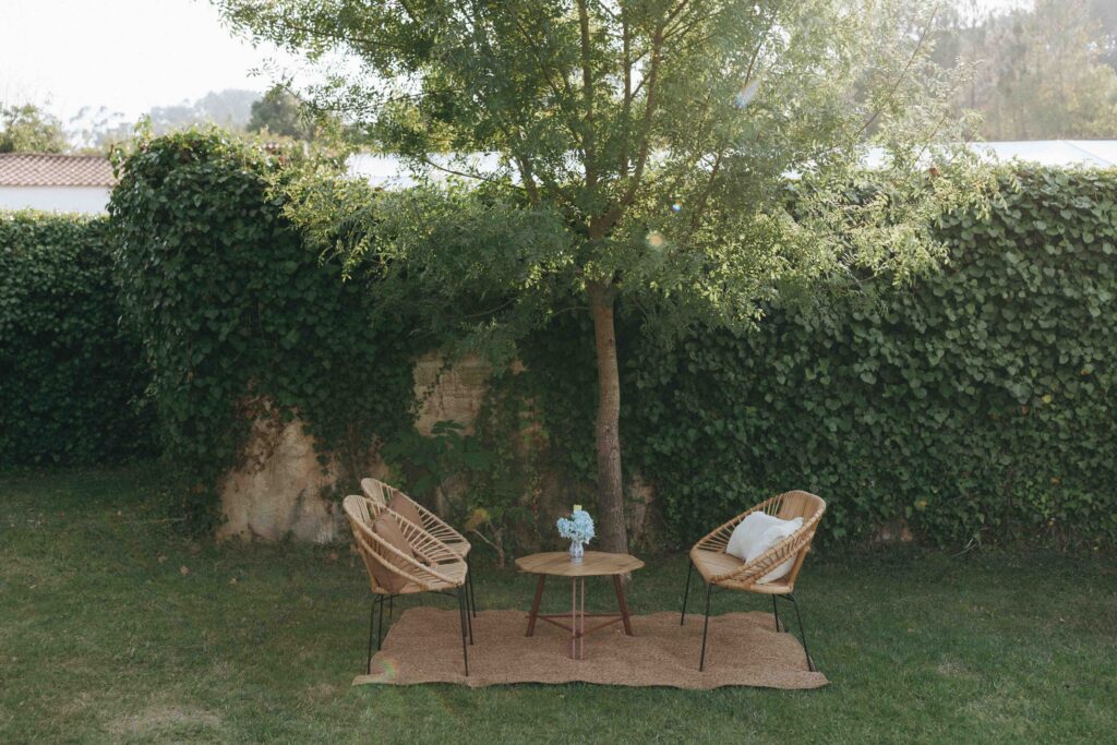 Outdoor lounge area at a destination wedding venue in Portugal