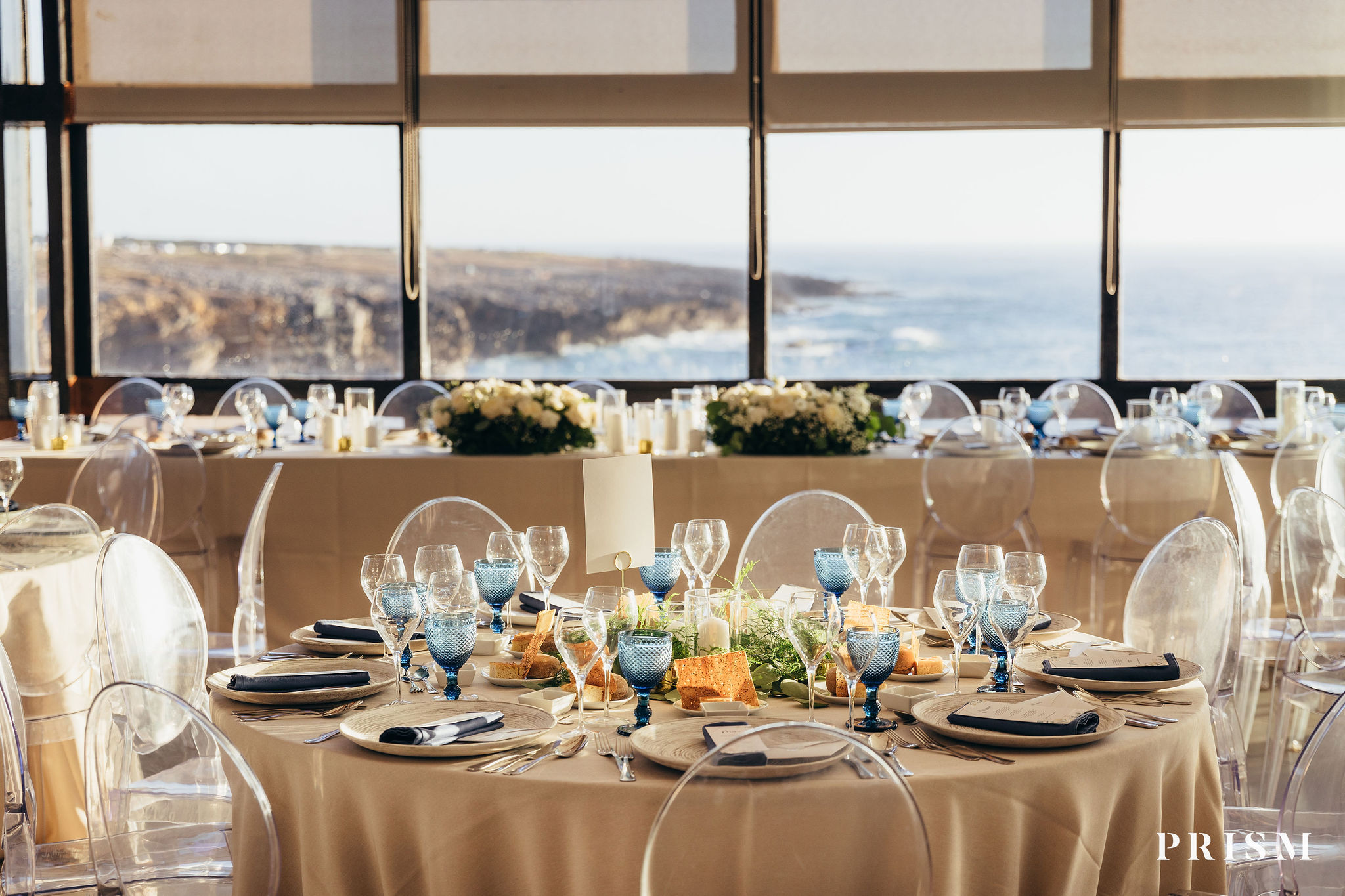 Beach wedding reception overlooking the Atlantic coast in Portugal