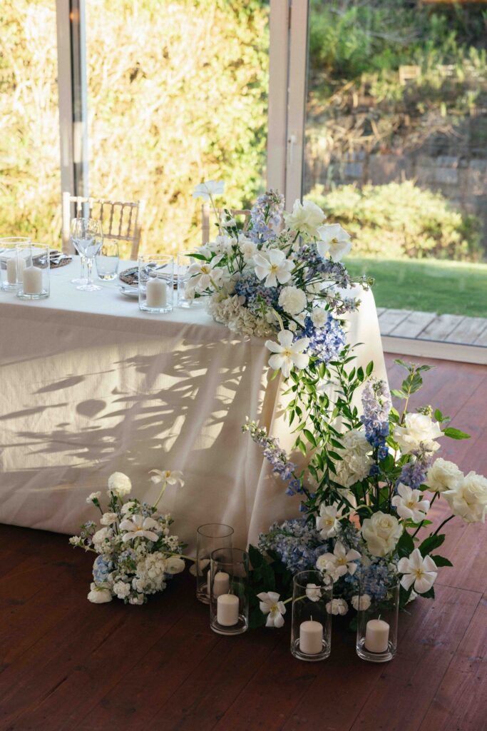 Floral styling and reception details at a destination wedding in Portugal