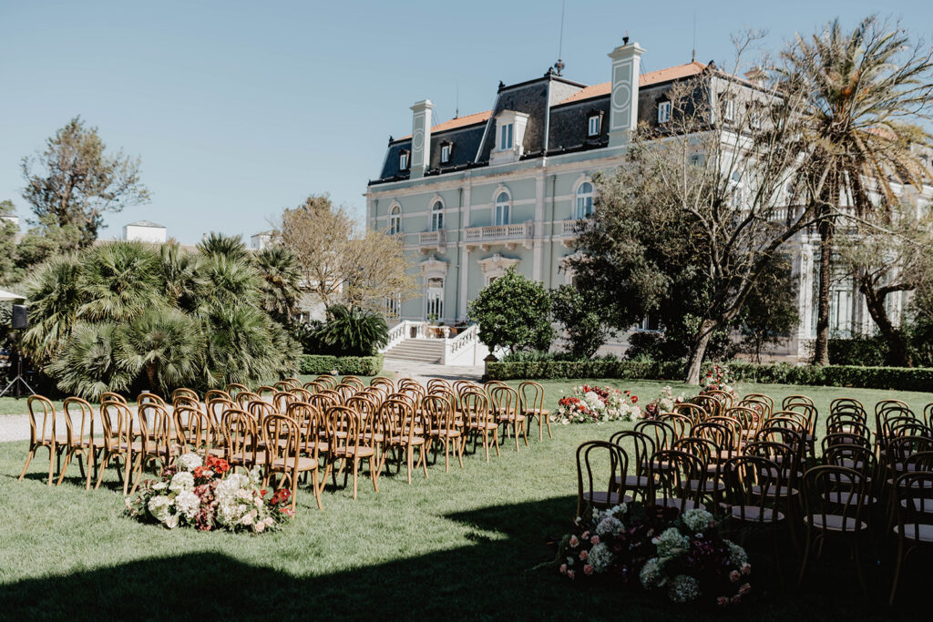 Outdoor wedding ceremony set up in the gardens of Pestana Palace in Lisbon